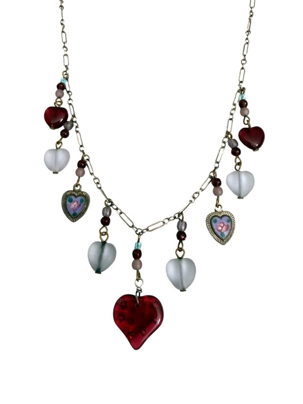 Vintage Handmade Lucy Isaacs NYC Heart Charm Necklace Red Glass Frosted Beads